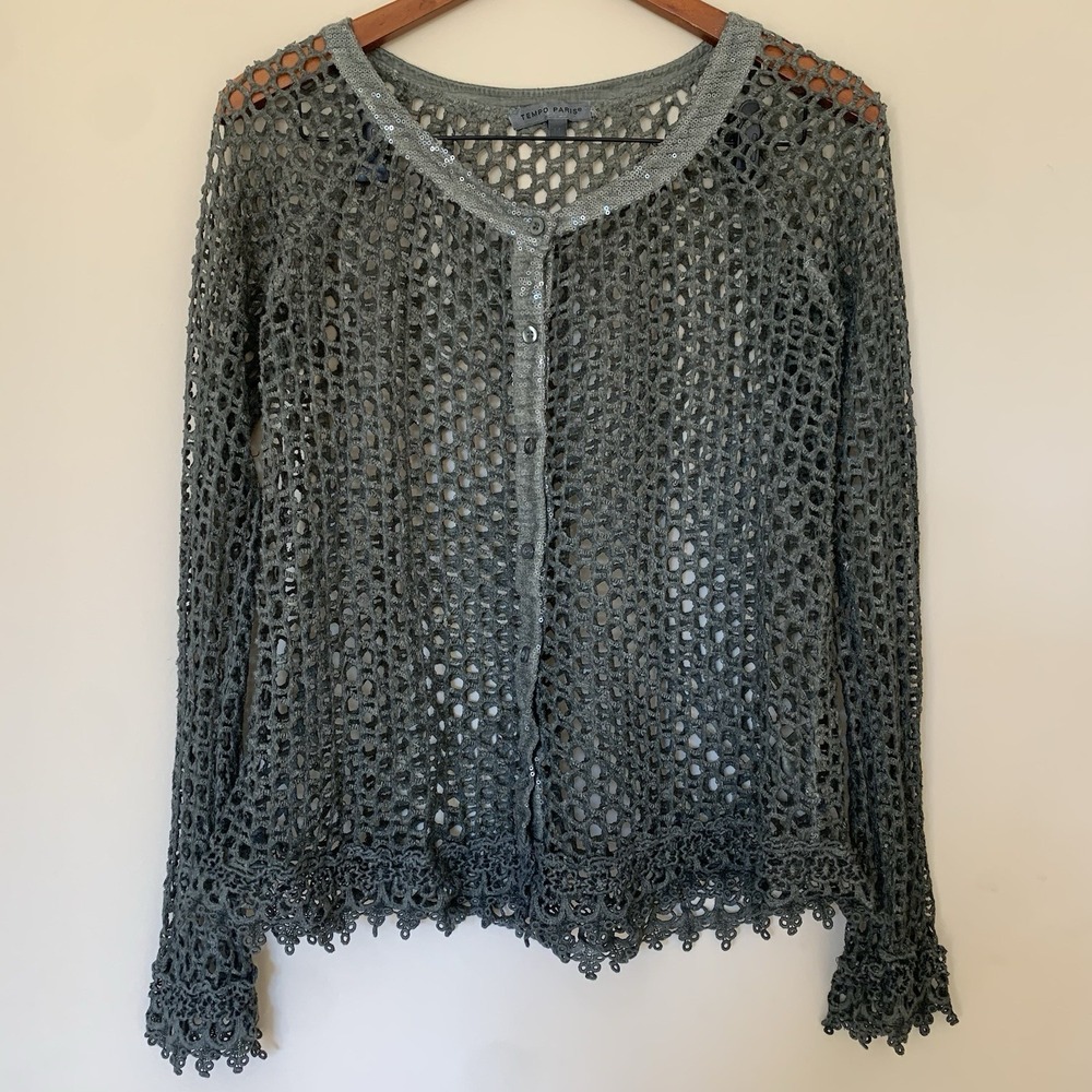 TEMPO PARIS WOMENS Top Olive Green Sweater open-Knit cardigan Size M